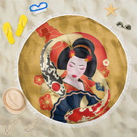 Japanese Geisha Koi Fish Beach Blanket Cherry Blossoms Yellow Seigaiha Pattern - Polynesian Pride