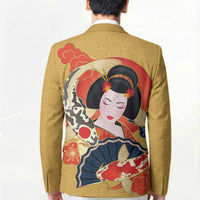Japanese Geisha Koi Fish Blazer Cherry Blossoms Yellow Seigaiha Pattern - Polynesian Pride