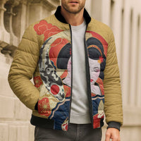 Japanese Geisha Koi Fish Bomber Puffer Jacket Cherry Blossoms Yellow Seigaiha Pattern - Polynesian Pride