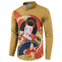 Japanese Geisha Koi Fish Button Sweatshirt Cherry Blossoms Yellow Seigaiha Pattern - Polynesian Pride