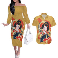 Japanese Geisha Koi Fish Couples Matching Off The Shoulder Long Sleeve Dress and Hawaiian Shirt Cherry Blossoms Yellow Seigaiha Pattern LT14 Yellow - Polynesian Pride