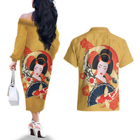 Japanese Geisha Koi Fish Couples Matching Off The Shoulder Long Sleeve Dress and Hawaiian Shirt Cherry Blossoms Yellow Seigaiha Pattern LT14 - Polynesian Pride