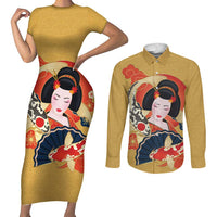Japanese Geisha Koi Fish Couples Matching Short Sleeve Bodycon Dress and Long Sleeve Button Shirt Cherry Blossoms Yellow Seigaiha Pattern - Polynesian Pride