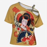 Japanese Geisha Koi Fish Cross Shoulder Shirt Cherry Blossoms Yellow Seigaiha Pattern - Polynesian Pride