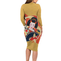 Japanese Geisha Koi Fish Family Matching Long Sleeve Bodycon Dress and Hawaiian Shirt Cherry Blossoms Yellow Seigaiha Pattern LT14 - Polynesian Pride