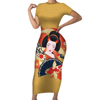 Japanese Geisha Koi Fish Family Matching Short Sleeve Bodycon Dress and Hawaiian Shirt Cherry Blossoms Yellow Seigaiha Pattern LT14 Mom's Dress Yellow - Polynesian Pride