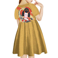 Japanese Geisha Koi Fish Kid Short Sleeve Dress Cherry Blossoms Yellow Seigaiha Pattern - Polynesian Pride