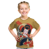 Japanese Geisha Koi Fish Kid T Shirt Cherry Blossoms Yellow Seigaiha Pattern - Polynesian Pride
