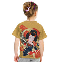 Japanese Geisha Koi Fish Kid T Shirt Cherry Blossoms Yellow Seigaiha Pattern - Polynesian Pride