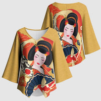Japanese Geisha Koi Fish Kimono Sleeve Blouse Cherry Blossoms Yellow Seigaiha Pattern - Polynesian Pride