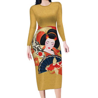 Japanese Geisha Koi Fish Long Sleeve Bodycon Dress Cherry Blossoms Yellow Seigaiha Pattern - Polynesian Pride