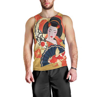 Japanese Geisha Koi Fish Men Tank Top Cherry Blossoms Yellow Seigaiha Pattern - Polynesian Pride