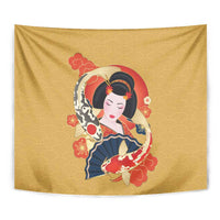 Japanese Geisha Koi Fish Tapestry Cherry Blossoms Yellow Seigaiha Pattern - Polynesian Pride