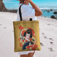 Japanese Geisha Koi Fish Tote Bag Cherry Blossoms Yellow Seigaiha Pattern - Polynesian Pride