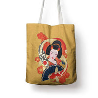 Japanese Geisha Koi Fish Tote Bag Cherry Blossoms Yellow Seigaiha Pattern - Polynesian Pride