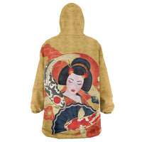 Japanese Geisha Koi Fish Wearable Blanket Hoodie Cherry Blossoms Yellow Seigaiha Pattern - Polynesian Pride