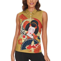 Japanese Geisha Koi Fish Women Sleeveless Polo Shirt Cherry Blossoms Yellow Seigaiha Pattern - Polynesian Pride