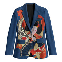 Japanese Geisha Koi Fish Blazer Cherry Blossoms Blue Seigaiha Pattern - Polynesian Pride