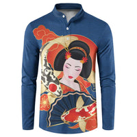 Japanese Geisha Koi Fish Button Sweatshirt Cherry Blossoms Blue Seigaiha Pattern - Polynesian Pride