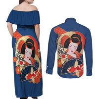 Japanese Geisha Koi Fish Couples Matching Off Shoulder Maxi Dress and Long Sleeve Button Shirt Cherry Blossoms Blue Seigaiha Pattern - Polynesian Pride