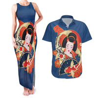 Japanese Geisha Koi Fish Couples Matching Tank Maxi Dress and Hawaiian Shirt Cherry Blossoms Blue Seigaiha Pattern - Polynesian Pride