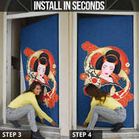 Japanese Geisha Koi Fish Door Cover Cherry Blossoms Blue Seigaiha Pattern - Polynesian Pride