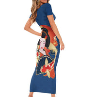 Japanese Geisha Koi Fish Family Matching Short Sleeve Bodycon Dress and Hawaiian Shirt Cherry Blossoms Blue Seigaiha Pattern LT14 - Polynesian Pride