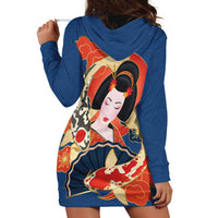 Japanese Geisha Koi Fish Hoodie Dress Cherry Blossoms Blue Seigaiha Pattern - Polynesian Pride