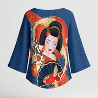 Japanese Geisha Koi Fish Kimono Sleeve Blouse Cherry Blossoms Blue Seigaiha Pattern - Polynesian Pride