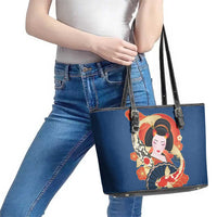 Japanese Geisha Koi Fish Leather Tote Bag Cherry Blossoms Blue Seigaiha Pattern - Polynesian Pride