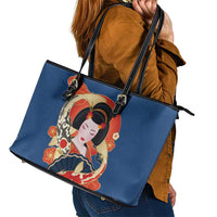 Japanese Geisha Koi Fish Leather Tote Bag Cherry Blossoms Blue Seigaiha Pattern - Polynesian Pride