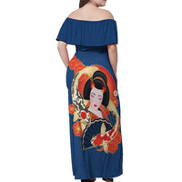 Japanese Geisha Koi Fish Off Shoulder Maxi Dress Cherry Blossoms Blue Seigaiha Pattern - Polynesian Pride