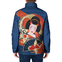 Japanese Geisha Koi Fish Padded Jacket Cherry Blossoms Blue Seigaiha Pattern - Polynesian Pride