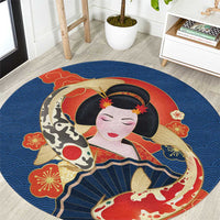 Japanese Geisha Koi Fish Round Carpet Cherry Blossoms Blue Seigaiha Pattern - Polynesian Pride