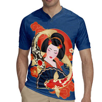 Japanese Geisha Koi Fish Rugby Jersey Cherry Blossoms Blue Seigaiha Pattern - Polynesian Pride