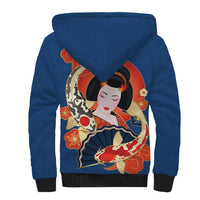 Japanese Geisha Koi Fish Sherpa Hoodie Cherry Blossoms Blue Seigaiha Pattern - Polynesian Pride