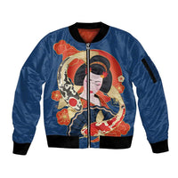 Japanese Geisha Koi Fish Sleeve Zip Bomber Jacket Cherry Blossoms Blue Seigaiha Pattern - Polynesian Pride