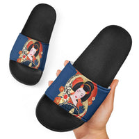 Japanese Geisha Koi Fish Slide Sandals Cherry Blossoms Blue Seigaiha Pattern - Polynesian Pride