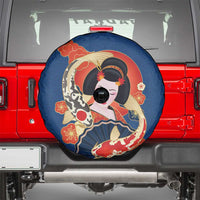 Japanese Geisha Koi Fish Spare Tire Cover Cherry Blossoms Blue Seigaiha Pattern - Polynesian Pride