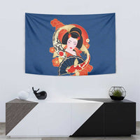 Japanese Geisha Koi Fish Tapestry Cherry Blossoms Blue Seigaiha Pattern - Polynesian Pride