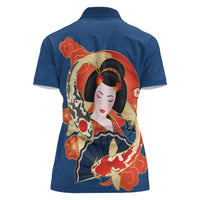 Japanese Geisha Koi Fish Women Polo Shirt Cherry Blossoms Blue Seigaiha Pattern - Polynesian Pride