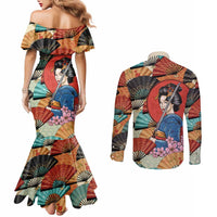 Japanese Geisha Katana Couples Matching Mermaid Dress and Long Sleeve Button Shirt Japan Sensu Seigaiha Pattern - Polynesian Pride