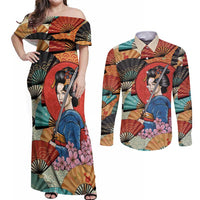 Japanese Geisha Katana Couples Matching Off Shoulder Maxi Dress and Long Sleeve Button Shirt Japan Sensu Seigaiha Pattern - Polynesian Pride