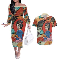 Japanese Geisha Katana Couples Matching Off The Shoulder Long Sleeve Dress and Hawaiian Shirt Japan Sensu Seigaiha Pattern LT14 Multicolor - Polynesian Pride