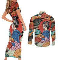 Japanese Geisha Katana Couples Matching Short Sleeve Bodycon Dress and Long Sleeve Button Shirt Japan Sensu Seigaiha Pattern - Polynesian Pride