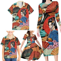 Japanese Geisha Katana Family Matching Long Sleeve Bodycon Dress and Hawaiian Shirt Japan Sensu Seigaiha Pattern LT14 - Polynesian Pride