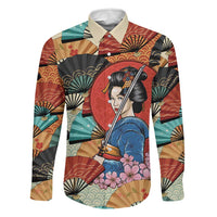 Japanese Geisha Katana Family Matching Off Shoulder Maxi Dress and Hawaiian Shirt Japan Sensu Seigaiha Pattern LT14 Dad's Shirt - Long Sleeve Multicolor - Polynesian Pride