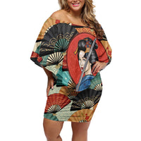 Japanese Geisha Katana Family Matching Off Shoulder Short Dress and Hawaiian Shirt Japan Sensu Seigaiha Pattern LT14 Mom's Dress Multicolor - Polynesian Pride