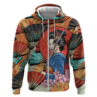 Japanese Geisha Katana Hoodie Japan Sensu Seigaiha Pattern LT14 Zip Hoodie Multicolor - Polynesian Pride