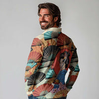 Japanese Geisha Katana Long Sleeve Polo Shirt Japan Sensu Seigaiha Pattern - Polynesian Pride